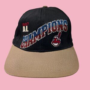 Vintage 90s Cleveland Indians Hat Cap Snap Back Mens Black Brown Wahoo‎ Baseball